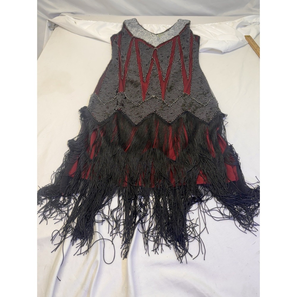 J Flapper Gatsby Dress Size S Black Red Beaded Fringed 1920's FUN DAISY Prom Fo - Picture 2 of 7